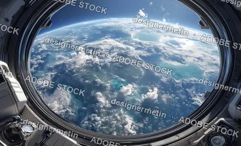 Clear Window View From Spacecraft Of Earth Surface With Clouds And Oceanic Horizon