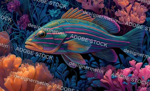 Brightly Colored Coral Reef Fish With Glowing Neon Stripes In A Vibrant Underwater Illustration