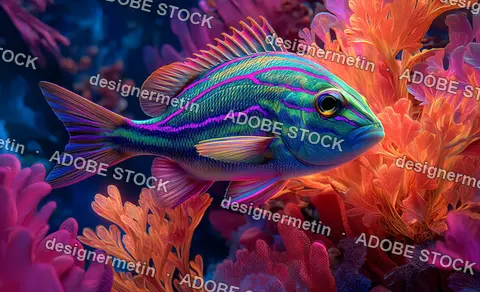 Colorful Tropical Fish Surrounded By Glowing Coral In A Lifelike Marine Digital Illustration