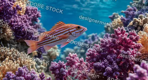 Colorful Striped Fish Swimming Gracefully Among Purple Coral Reefs In Clear Ocean Water