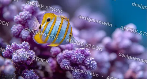 Tropical Fish With Blue And Yellow Stripes Gliding Through Colorful Coral Reefs In Ocean