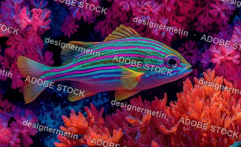 Vivid Neon Striped Tropical Fish Glows Among Bright Coral Reefs In A Lifelike Underwater Illustration