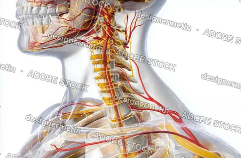 Transparent Medical Rendering Showing Cervical Spine With Veins Arteries And Nerve Network Displayed