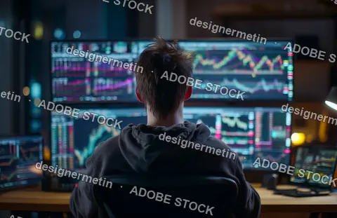 Focused Young Man Sitting In Front Of Multiple Monitors Analyzing Stock Market Charts At Night