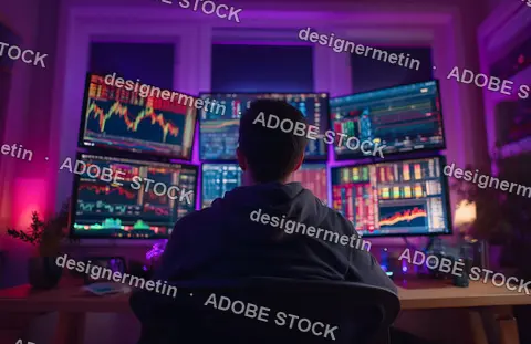 Young Male Stock Trader Using Multiple Monitors To Track Market Changes And Make Financial Decisions