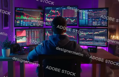 Young Male Stock Trader Surrounded By Monitors Analyzing Real-Time Market Charts At Home Office