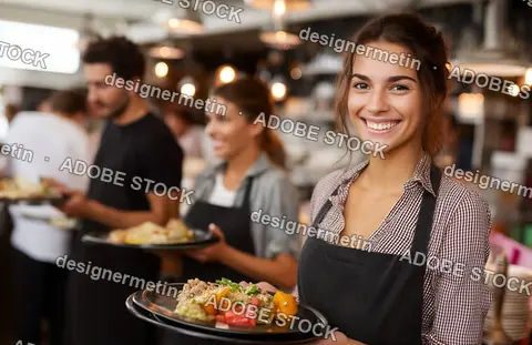 Friendly Waitress Holding Delicious Meals While Smiling In A Lively Restaurant Kitchen Setting