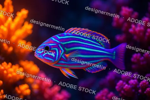 Neon Striped Tropical Fish Gliding Through Glowing Coral Reef In Vivid Underwater Marine Ocean Scene