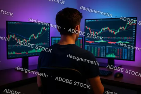Young Male Trader Watching Monitors Showing Colorful Financial Charts In Dark Room With Glowing Neon Ambient Lighting