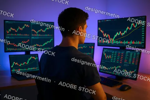 Focused Male Trader Facing Six Monitors With Financial Data Charts In Colorful Room During Late Night Stock Trading