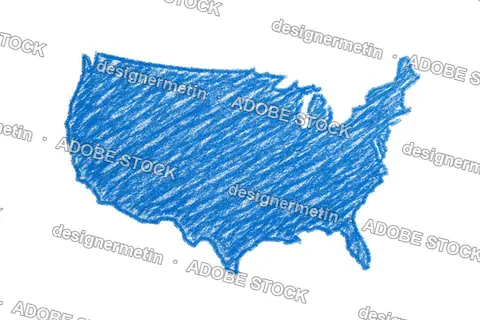 Blue Crayon Scribble Style Drawing Of United States Map Isolated On Transparent Background With Rough Texture, Png