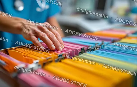 Nurse Organizing Colorful Medical Records In Filing Drawer With Focused Hand And Blurred Background