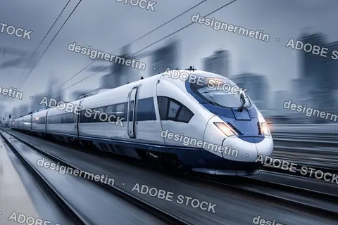 Sleek White And Blue Train Speeding Past Modern Skyscrapers In Futuristic City On Bright Morning