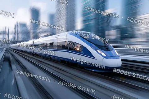 White And Blue Body Bullet Train In Motion Through Futuristic City With Glowing Lights And Speed