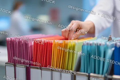 Medical Staff Holding Colorful Folders For Organizing Health Records In A Clinical Office Environment