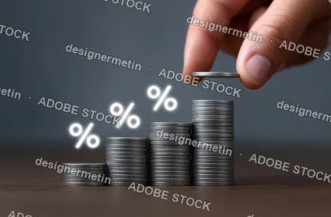 Percentage Symbols Above Coin Stacks Showing Increasing Returns With Hand Placing Last Coin For Investment Growth