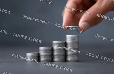 Rising Coin Stacks Symbolizing Financial Growth As Hand Adds Top Coin Against Neutral Blurred Background Indoors