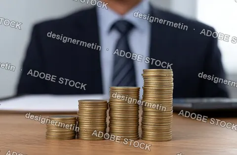 Businessman In Suit Stacking Golden Coins To Represent Financial Growth Savings And Investment Strategy