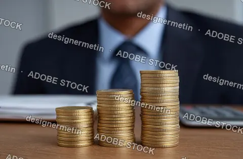 Closeup Of Businessman In Dark Suit Stacking Coins As Metaphor For Budget Planning And Financial Success