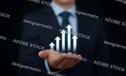 Businessman In Dark Suit Holds Glowing Arrows Rising Upward Symbolizing Growth Success Finance And Career Progress
