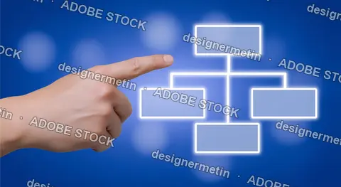 Human Hand Interacting With Virtual Flowchart Glowing Interface On Blue Background Showing Digital Network Structure