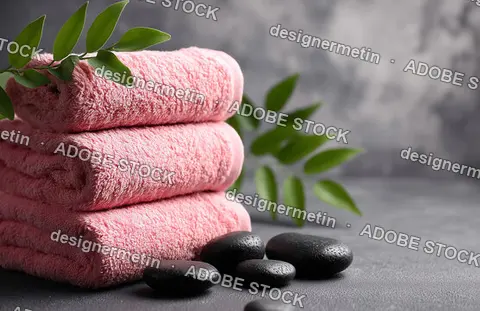 Spa Essentials With Soft Pink Towels, Black Massage Stones And Green Leaves On Textured Gray Background