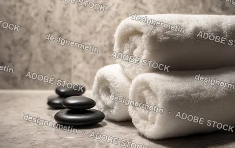 Clean Spa Scene With White Rolled Towels And Black Massage Stones On Polished Marble Bathroom Countertop
