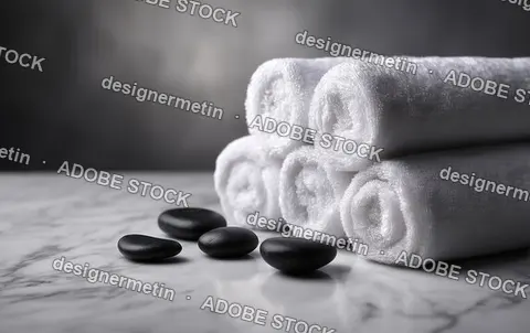 White Spa Towels Rolled Neatly With Black Hot Stones On Shiny Marble Counter In Luxury Wellness Interior