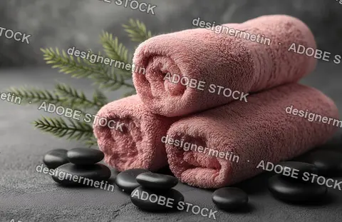 Elegant Spa Towels In Soft Pink Tones Beside Stacked Black Stones And Green Ferns On Dark Textured Surface