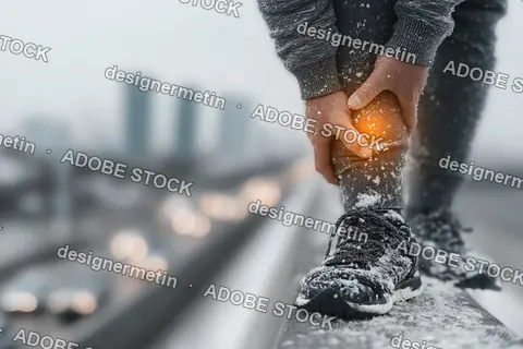Frozen Runner Clutching Painful Leg In Winter City Environment Showing Illuminated Sore Area And Physical Discomfort