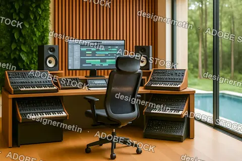 Modern Home Music Studio With Synthesizers Digital Interface And Garden View Through Large Glass Window