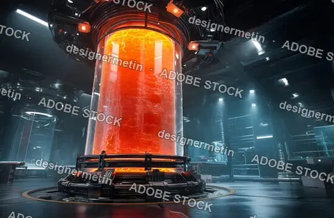 Massive Glowing Futuristic Power Core In Advanced Sci-Fi Interior With Reflections And Complex Machinery