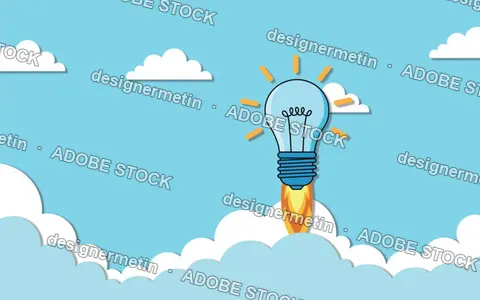 Creative Innovation Concept Depicting A Light Bulb Rocket Illustration In Clouds