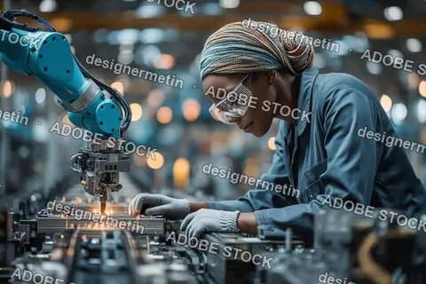 Female Technician Inspecting Automated Robotic Arm Assembling Parts Inside Advanced Man