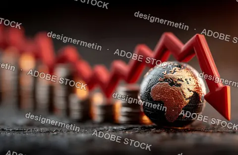 Economic Downturn Illustrated By Red Arrow Over Globe And Stacked Coins Representing Financial Loss