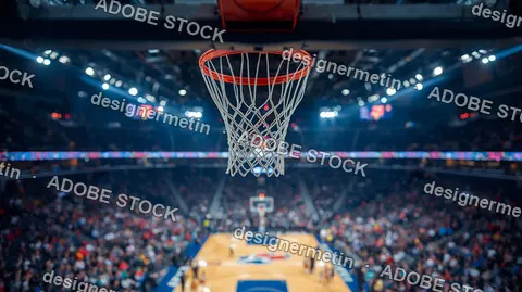 Close Up Of Basketball Hoop Inside Illuminated Stadium With Crowd And Blurred Court In Background