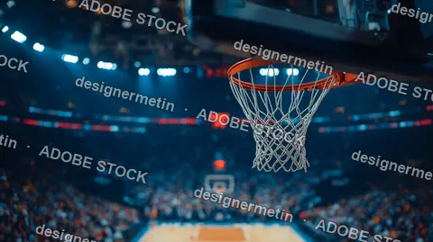 Basketball Hoop Close Up In Indoor Sports Arena With Bright Lights And Blurred Audience Watching The Game