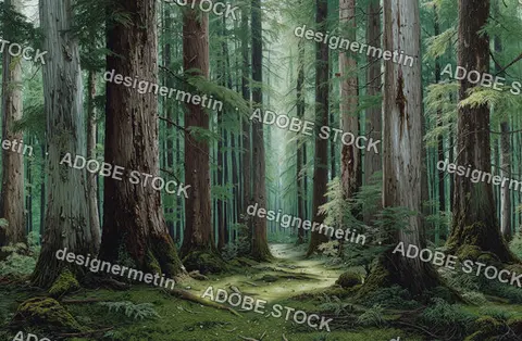 Photorealistic Forest Grove With Towering Trees And Lush Green Moss Covering Serene Woodland Floor