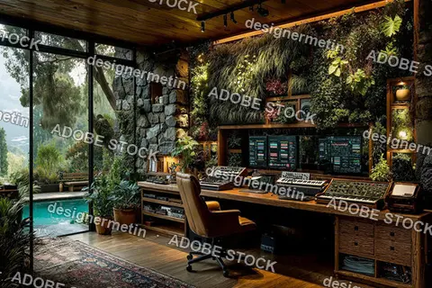 Music Production Studio With Lush Vertical Garden And Advanced Synthesizers Blending Technology With Natural Creative Workspace