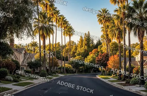 Serene Suburban Street Lined With Tall Palm Trees And Lush Greenery Under Clear Sky At Sunset