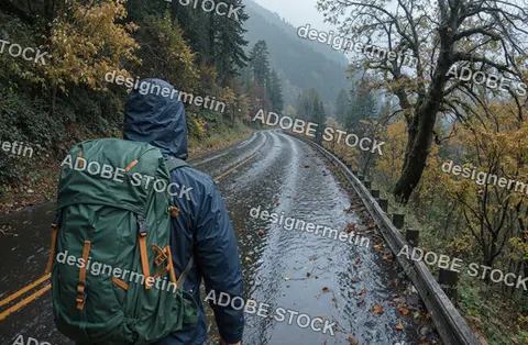 Lone Hiker Walking Rainy Forest Road With Large Backpack In Autumn Mountains Surrounded By Misty Trees