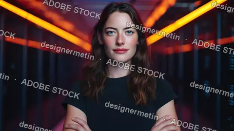 Confident Young Woman Standing In Data Center Corridor With Glowing Orange Server Lights