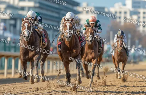 Intense Horse Racing Scene With Jockeys Riding Powerful Thoroughbreds On Dirt Track In Close Competition