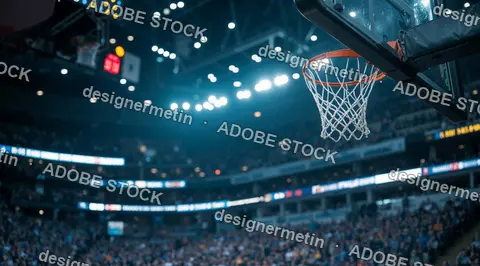 Professional Basketball Hoop And Court Illuminated In Large Arena With Crowd In Blurred Background