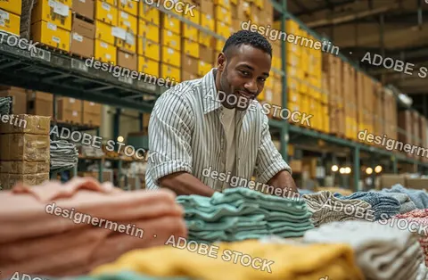Smiling Warehouse Employee Arranging Stacks Of Folded Clothes In Organized Industrial Storage Environment