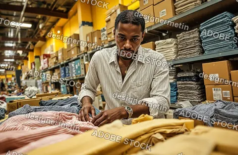 Focused Warehouse Worker Sorting And Organizing Folded Clothing Items On Table In Large Storage Facility