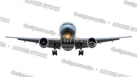 Front View Of Landing Jet Airplane With Lights On Isolated Transparent Background, Png