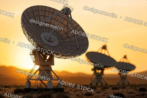 Large Satellite Dishes Positioned In Desert Landscape Capturing Signal Data During Vivid Sunset Sky