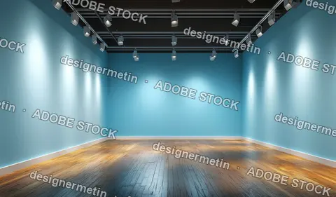 Empty Modern Blue Television Studio Interior With Spotlights Shining On Reflective Wooden Floor Clean And Stylish Environment
