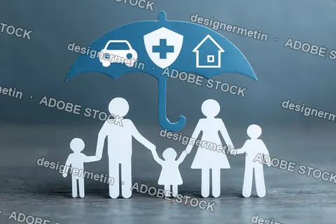 Happy Family Protected By Health Insurance Umbrella With Icons Of House Car And Medical Shield